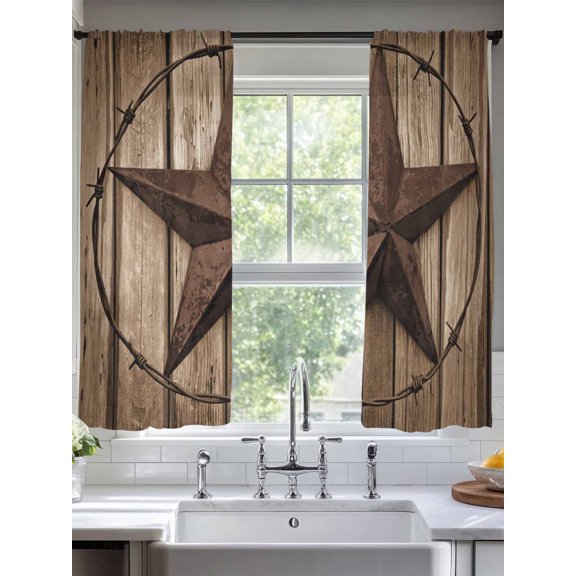 Sheer Curtains Texas Stars Wooden 2 Panels Voile Window Drapes Rustic Wood Grain Light Filtering Window Treatments Semi Sheer Curtain Panels for Living Room Bedroom Bathroom 52x63 inches