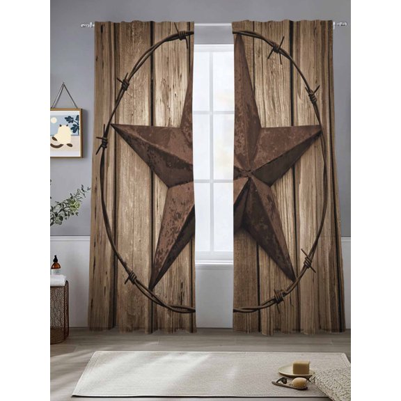 Sheer Curtains Texas Stars Wooden 2 Panels Voile Window Drapes Rustic Wood Grain Light Filtering Window Treatments Semi Sheer Curtain Panels for Living Room Bedroom Bathroom 52x84 inches
