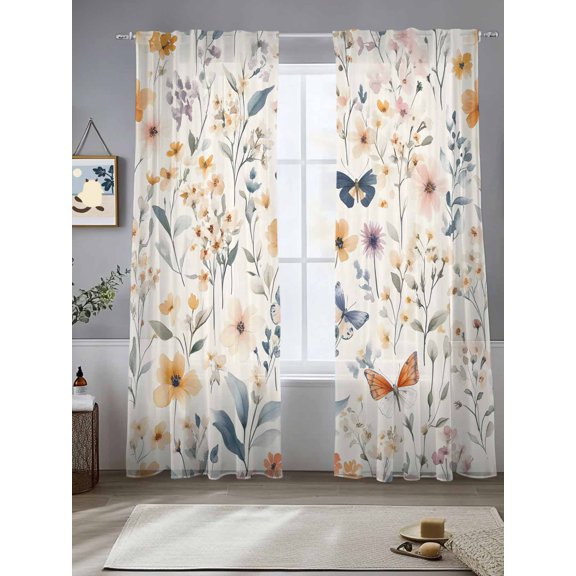 Sheer Curtains Vintage Flower Butterfly 2 Panels Voile Window Drapes Watercolor Wildflower Light Filtering Window Treatments Semi Sheer Curtain Panels for Living Room Bedroom Bathroom 52x84 inches