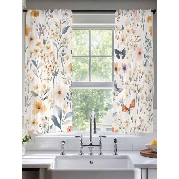 Sheer Curtains Vintage Flower Butterfly 2 Panels Voile Window Drapes Watercolor Wildflower Light Filtering Window Treatments Semi Sheer Curtain Panels for Living Room Bedroom Bathroom 52x63 inches