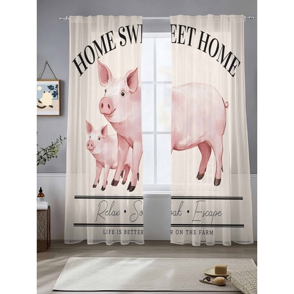 Sheer Curtains Watercolor Pigs 2 Panels Voile Window Drapes Farmhouse Style Light Filtering Window Treatments Semi Sheer Curtain Panels for Living Room Bedroom Bathroom 52x84 inches