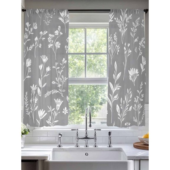 Sheer Curtains White Flowers 2 Panels Voile Window Drapes Gray Background Light Filtering Window Treatments Semi Sheer Curtain Panels for Living Room Bedroom Bathroom 52x63 inches