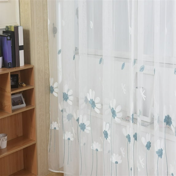 Sheer Curtains, White Voile Crushed Floral Embroidery, Embroidered Window Drapes for Living Room and Bedroom