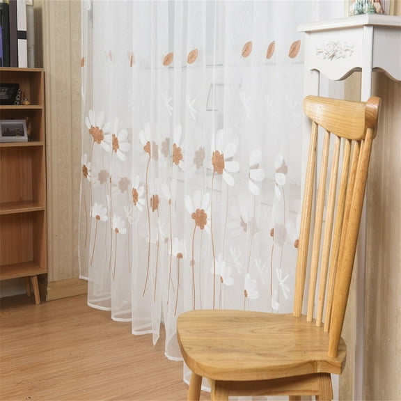Sheer Curtains, White Voile Crushed Floral Embroidery, Embroidered Window Drapes for Living Room and Bedroom