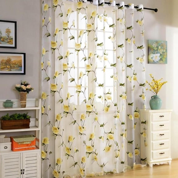 Sheer Curtains Yellow Flower Leaf Printed Floral Embroidered Bedroom Curtain Sheers Rod Pocket Voile Faux Linen Window Curtains for Living Room, 42 x 84 inches Long, Set of 2 Panels