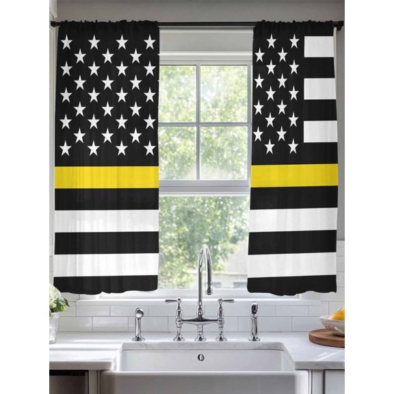 Sheer Curtains Yellow Line USA Security Guards 2 Panels Voile Window Drapes Tow Truck Drivers Light Filtering Window Treatments Semi Sheer Curtain Panels for Living Room Bedroom Bathroom 52x63 inches