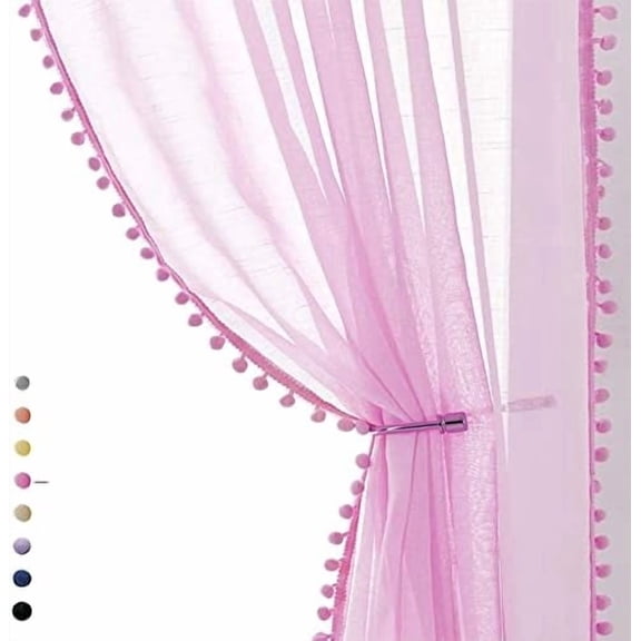 Sheer Curtains for Bedroom Nursery Room Pink 72 inches Long Linen Texture Slub Pom Pom Voile for Windows 52" W x 2 Panels Rod Pocket