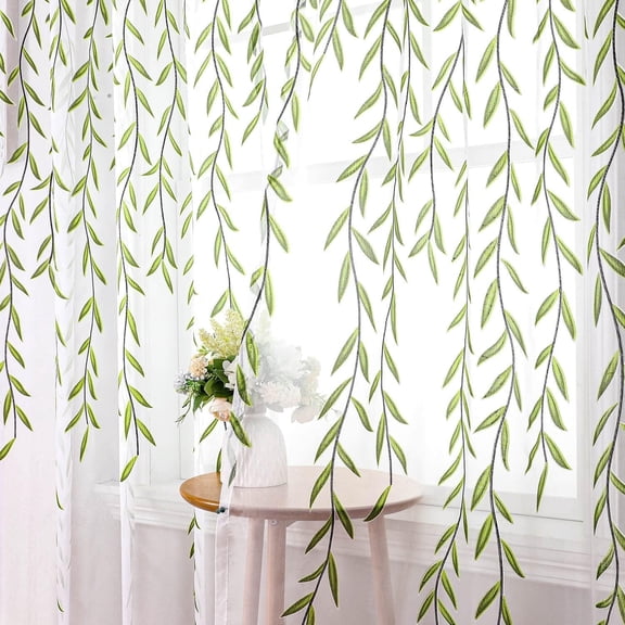 Sheer Curtains with Design 2 Panels Set for Windows Green Vine Leaf Pattern Printed Long Curtain Sheers White Transparent Drapes for Living Room