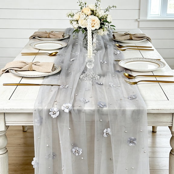 Sheer Embroidered Net Fabric Tablecloth, Boho Lace Overlay Table Runner for Wedding and Birthday Party, Lightweight Decor Accessory, 108.3 inches, Gray