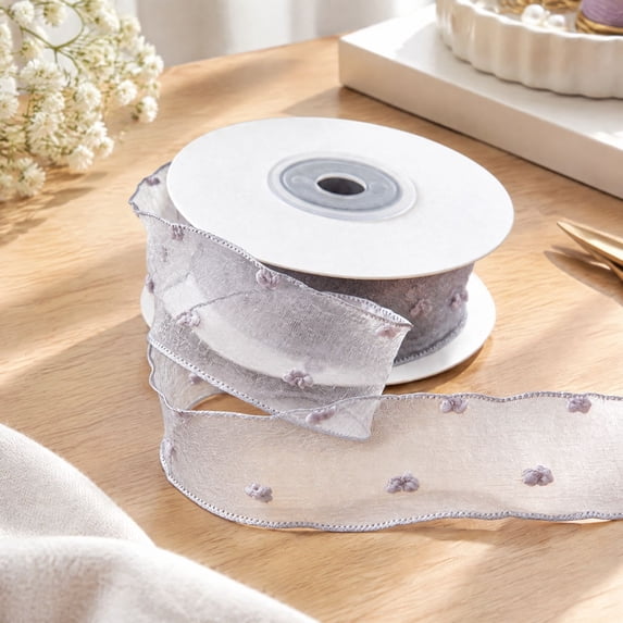 Sheer Embroidered Ribbon, 1 x 354.3 Inch Polyester Woven Ribbon Roll ...