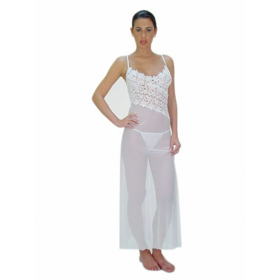 Sheer Fabric Gown with Angle-Cut Lace Bodice and Matching Thong