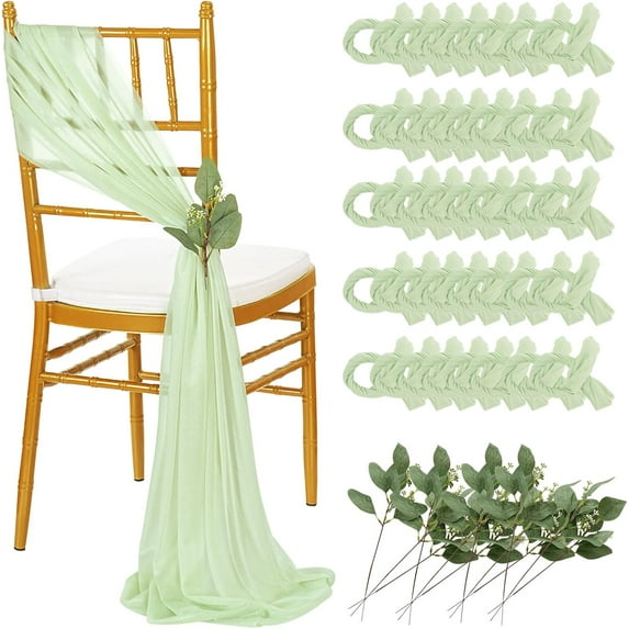 Sheer Fabric Wedding Chair Sashes: 36PCS Tulle Church Chair Cover Long Chairs Bows Aisle Drapes Party Decorations Sage Green