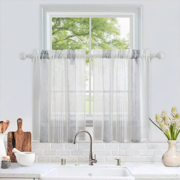 Sheer Farmhouse Cafe Curtain 30 inch Length Beige Sheer Bathroom Curtain Window with Vertical Stripetier Sheer Curtains Rod Pocket Kitchen Curtain Faux Linen Textured for Bathroom, 27"x30"