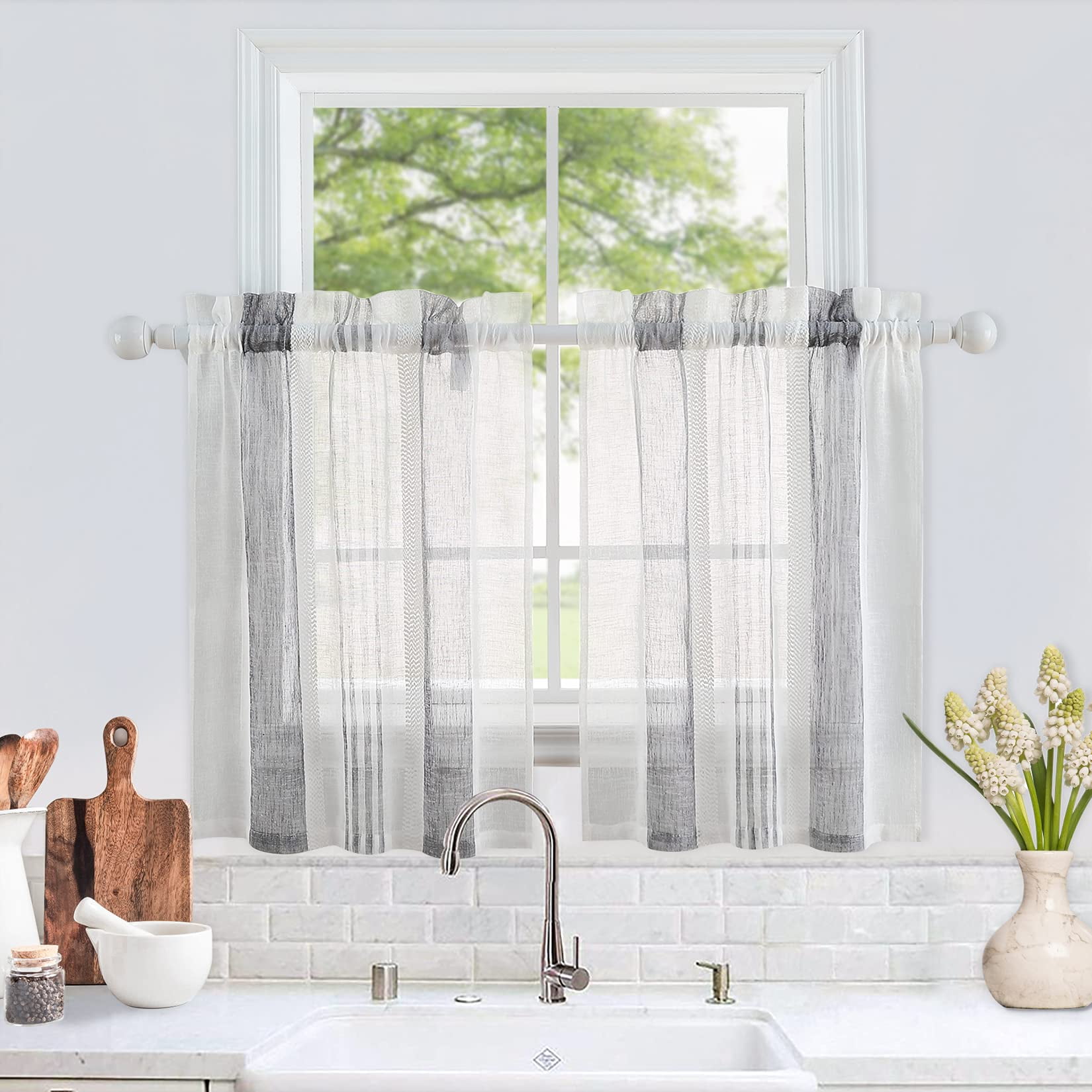 Sheer Farmhouse Cafe Curtain 30 inch Length Beige Sheer Bathroom ...