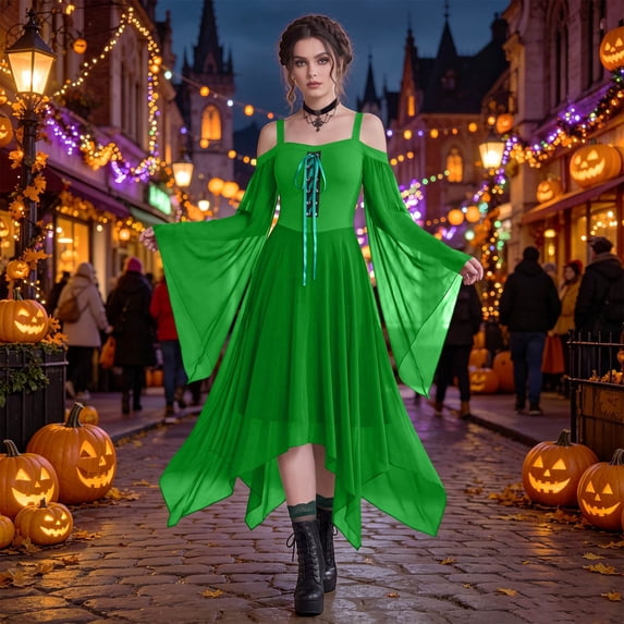 Sheer Flare Sleeve Costume, Off Shoulder Long Sleeve Renaissance Witch Maxi Dress, Sheer Flare Sleeve Corset Lace Up Medieval Gothic Cosplay Gown for Halloween Themed Gathering, Green S
