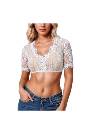 Sheer Floral Lace Cropped Trachten Dirndl Blouse Scalloped Edge V Neck Mid Flutter Sleeve Front Button Slim Fit Crop Shirt Outfit Piece for Oktoberfest Halloween Cosplay German Folk Fair S-XXL