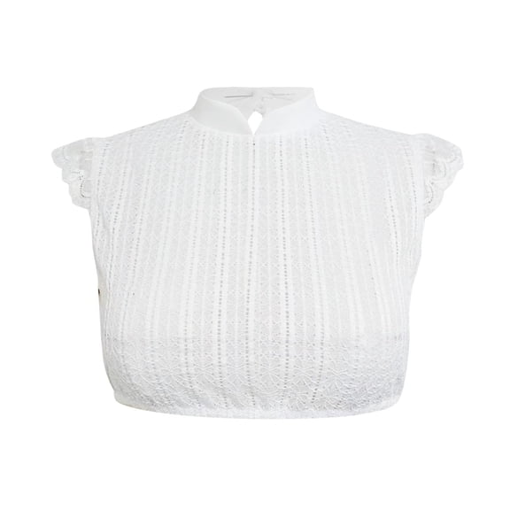 Sheer Floral Lace Dirndl Bustier Women’s Mandarin Collar Short Sleeve Top V Shaped Keyhole Button Front Elastic Cropped Hem Design for Summer Days