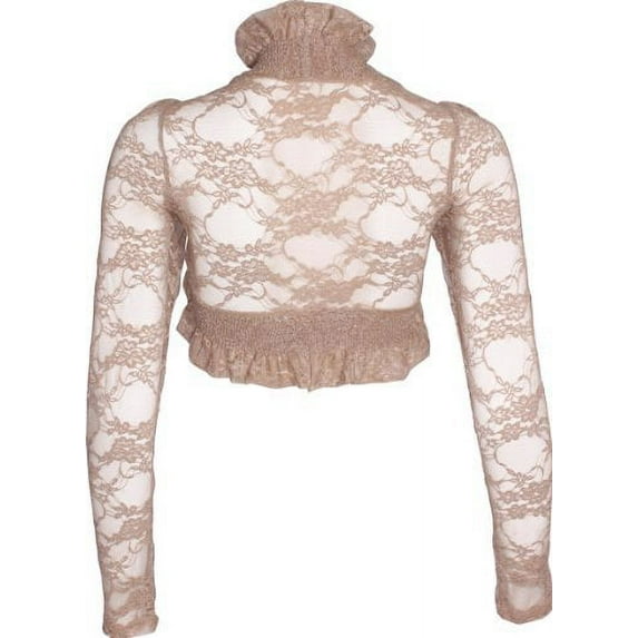 Sheer Floral Stretch Lace Bolero Cover-up Long Sleeve Junior Plus Size, XL, Taupe, X-Large, Taupe