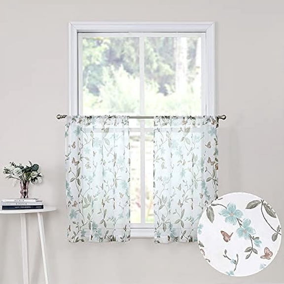 Sheer Floral Tier Curtain Blue Flower Butterfly Printed Half Window Curtains Rod Pocket Kitchen Voile Faux Linen Curtain for Bathroom, 30 x 36 inches Long, Set of 2 Panels