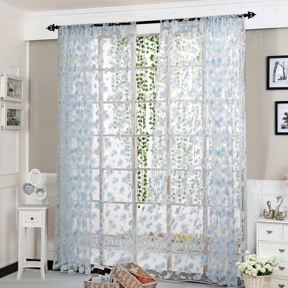 Sheer Flower Curtain Panels - Embroidered Botanical Voile Drapes for Windows Farmhouse Chic Floral Linen-Look Window Treatments Light Filtering Semi-Transparent Tulle for Bedroom, Dining Living Room