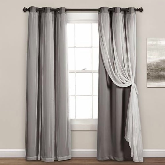 Sheer Grommet Curtains With Insulated Blackout Lining, Window Curtain Panels, Pair, 38"W x 84"L, Dark Gray - Curtain With Sheer Overlay, Elegant Blackout Curtains for Bedroom