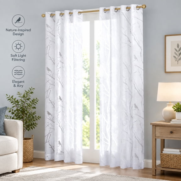 Sheer Grommet Top Window Curtain Panel with Bird and Branches Burnout Design 1 Piece Drapery Panel