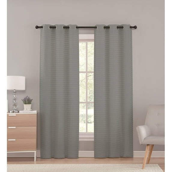 Sheer Grommet Window Curtain Panel Pair with Pleated Stripe Design, 76in X 96in (Gray)