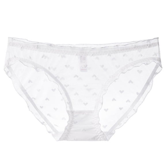 Sheer Heart Print Womens Panties, White Breathable Mesh Underwear with Ruffle Trim, Soft Stretch Comfy Briefs for Everyday S-XXL,Size XL