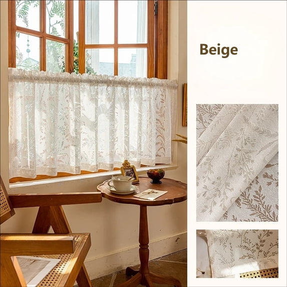 Sheer Kitchen Café Curtains with Floral Pattern, Short Window Tier Curtain for Kitchen, Bathroom or Small Windows