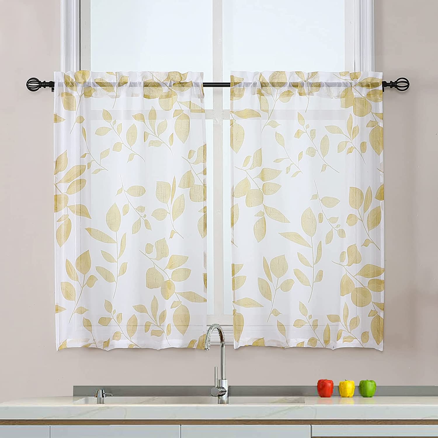 Sheer Kitchen Curtain, Yellow Leaf Farmhouse Small Window Curtain Short ...