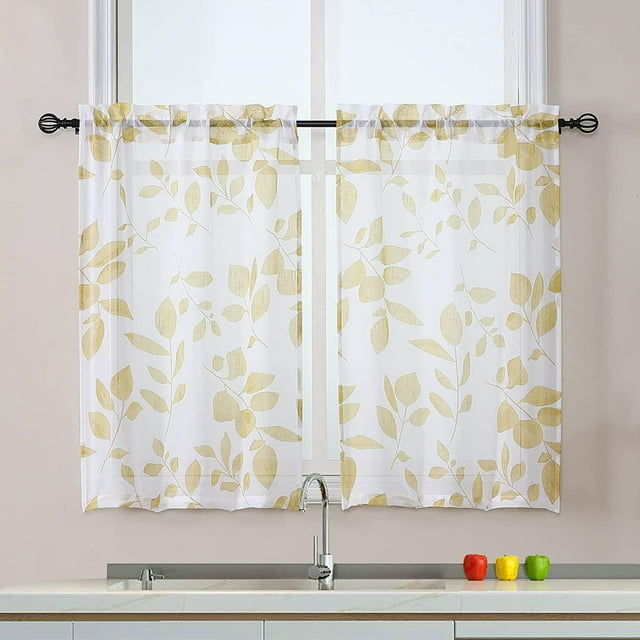 Sheer Kitchen Curtain, Yellow Leaf Farmhouse Small Window Curtain Short