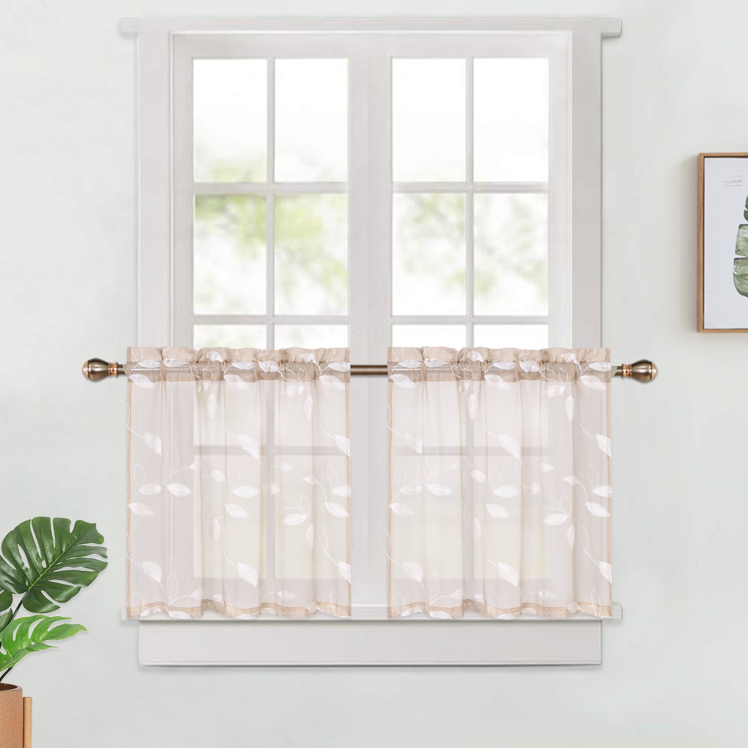 Sheer Kitchen Tiers Curtains with Leaves Pattern and Floral Embroidery ...