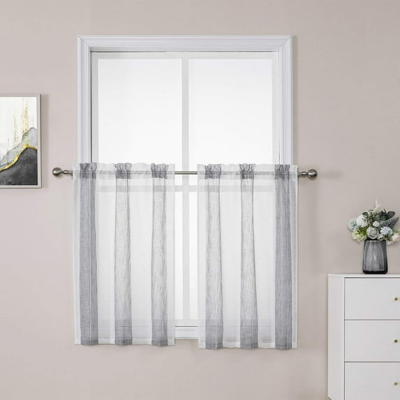 Sheer Kitchen Window Curtains, Vertical Striped Design Bathroom Window Curtain, Yarn Dyed Linen Textured Farmhouse Half Window Kitchen Cafe Curtains, 27" W x 30" L, Grey, Set of 2