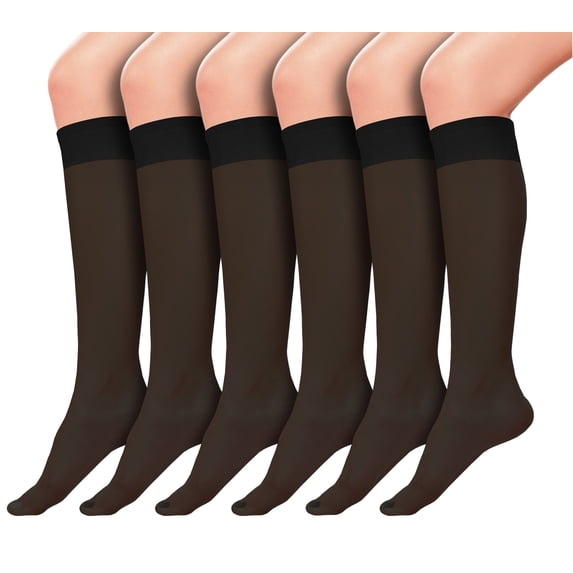 Sheer Knee High Socks, 6 Pairs 20D Premium Silky Soft Nylon Stockings Control Top Reinforced Toe