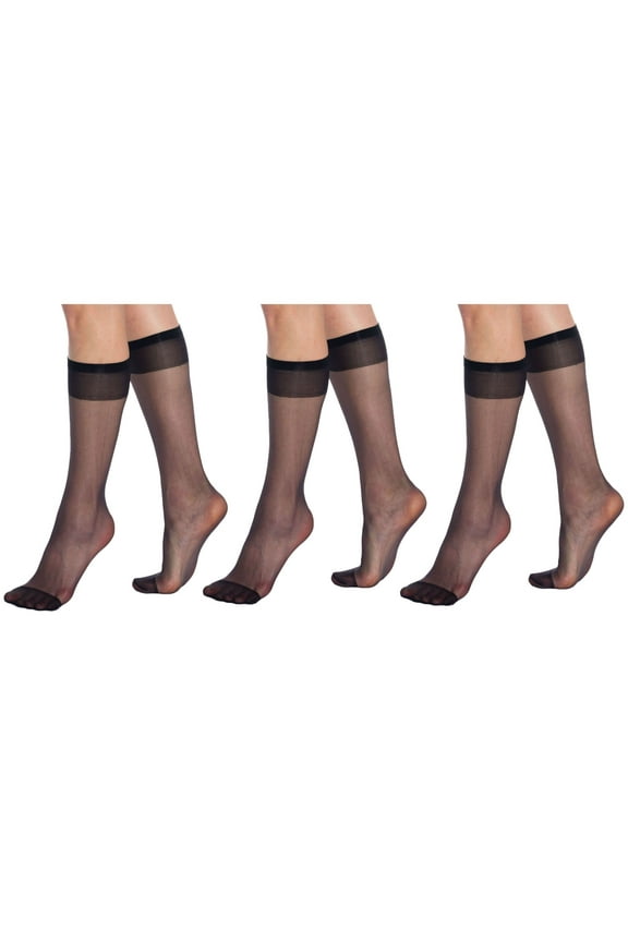 Everyday Sheer Knee High Socks with Stay-Up Band, Comfortable and Breathable Fit, 15 Denier (Black, 3 Pairs)