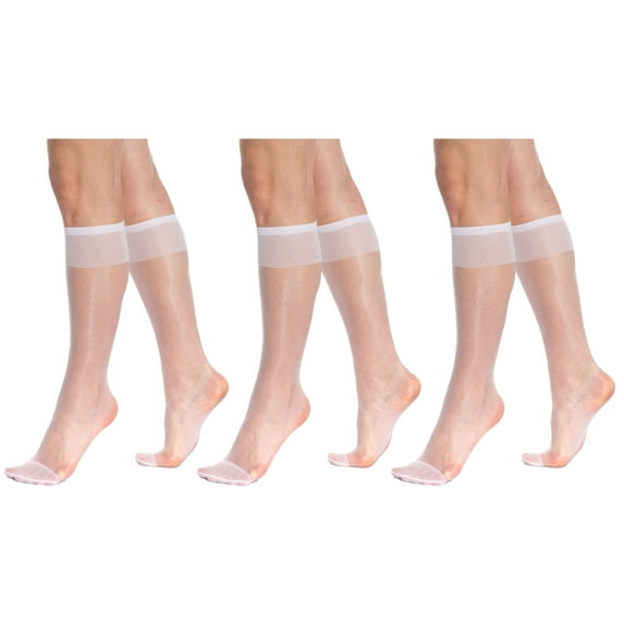 Sheer Knee High Socks for Women 15 Denier Stay up Band (white) 3 Pairs