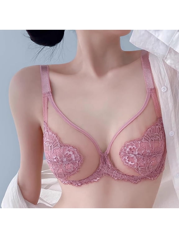Sheer Lace Bras for Women Sexy Underwire See Through Lingerie Unlined Mesh Bra Adjustable Lightweight Intimate Bra Pink XL