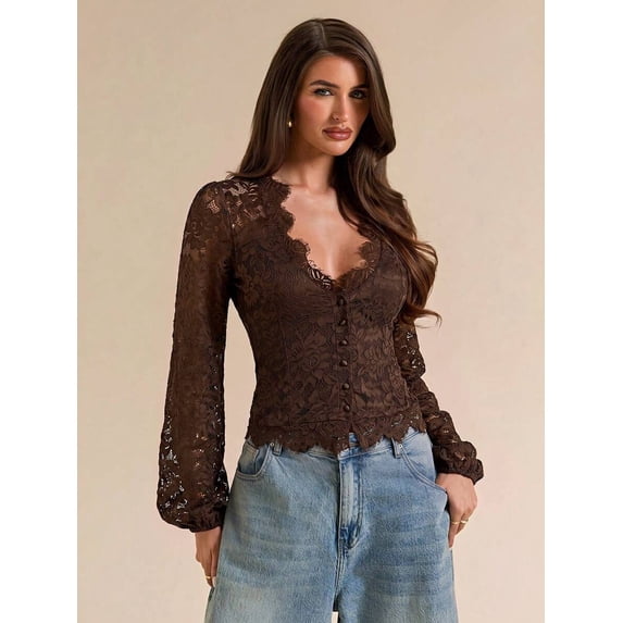 Sheer Button Front Top with Deep V-Neck and Lantern Sleeves