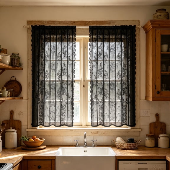 Sheer Lace Curtains, 1 Panels Long Victorian Floral Sheer Curtains, 55.12X44.88" Light Filtering Curtain, Embroidered Leaf Patterned Drapes, Window Curtains for Living Room Bedroom Decoration