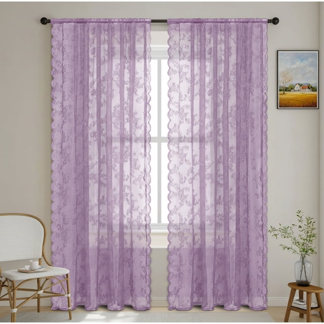 Sheer Lace Curtains Long 2 Panels Set, Sheer Curtains For Living Room
