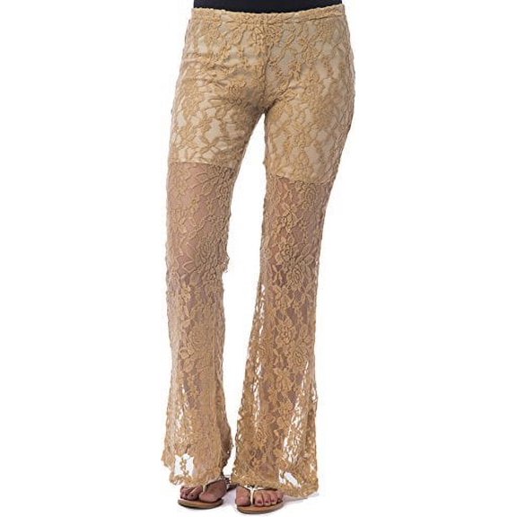 Sheer Lace Low-Rise Pants, S, Taupe