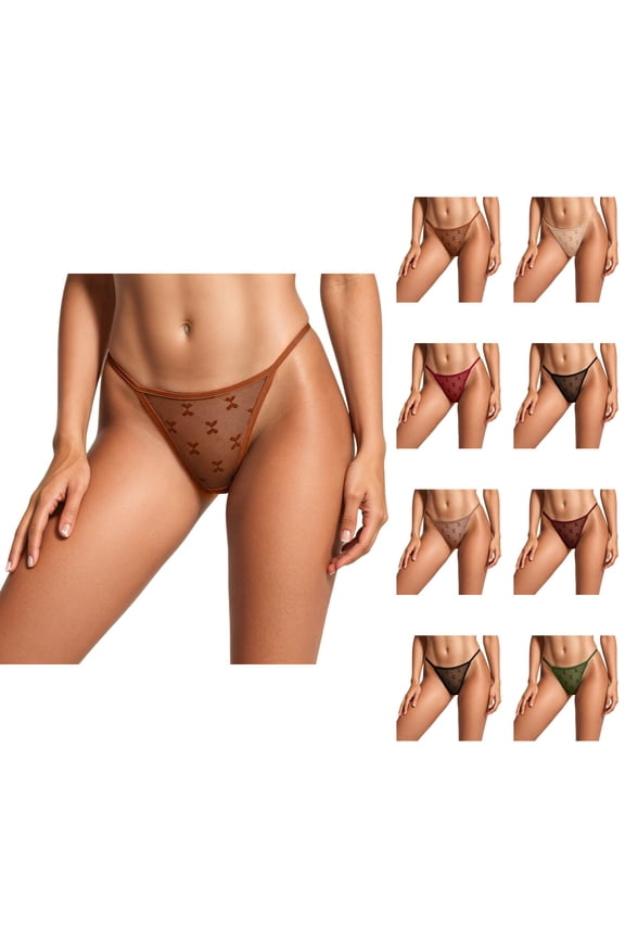 Sheer Lace Thong Panties with Heart Mesh Design, T-back Hollow Out Low Waist Sexy Underwear for Women, Breathable Cheeky Comfortable Panties 5Pack