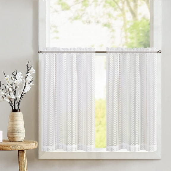 Sheer Lace Tier Curtains Leaf Embroidery Farmhouse Short Curtain 2 Panels