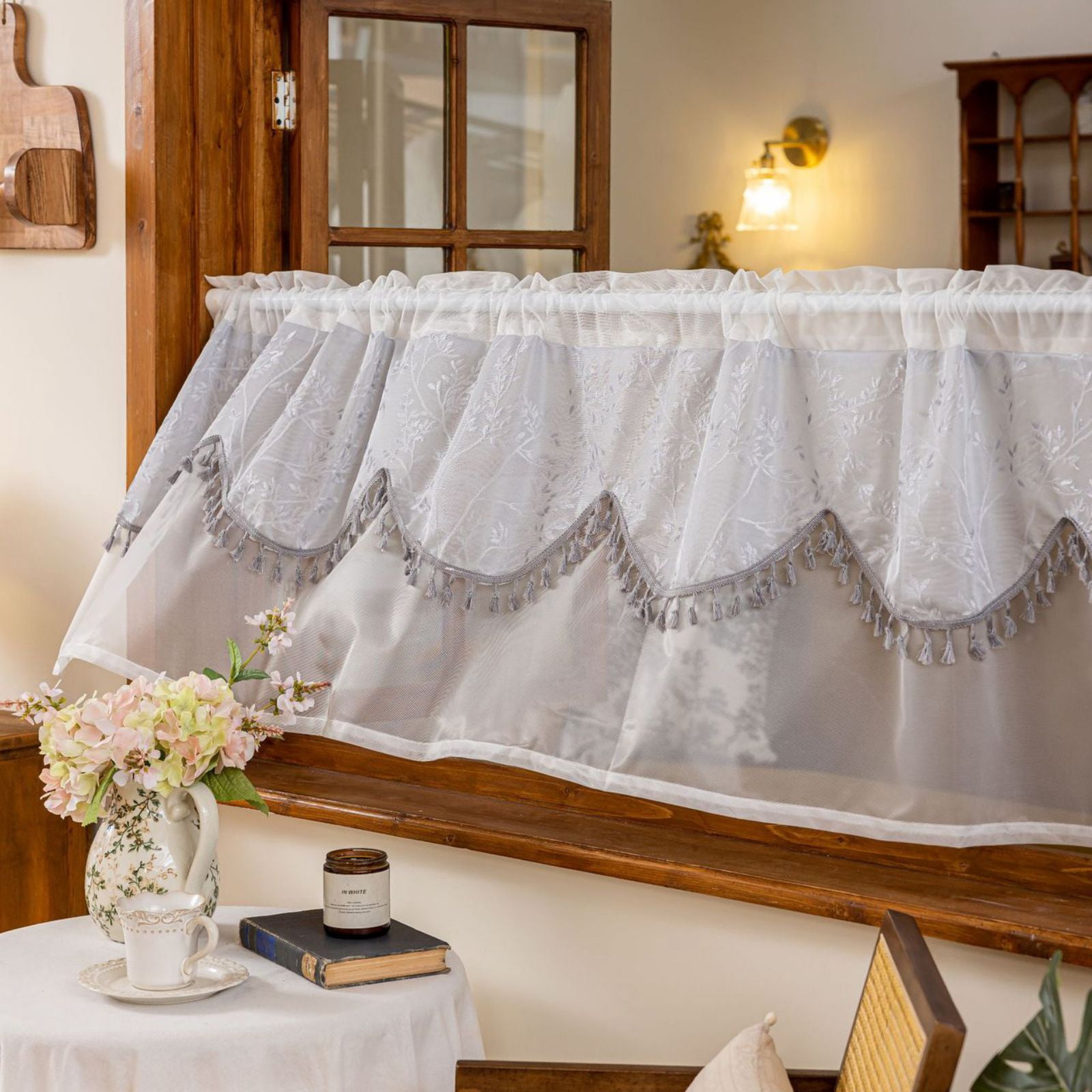 Sheer Lace Valance for Window Double Layer Valance with Tassels Light ...