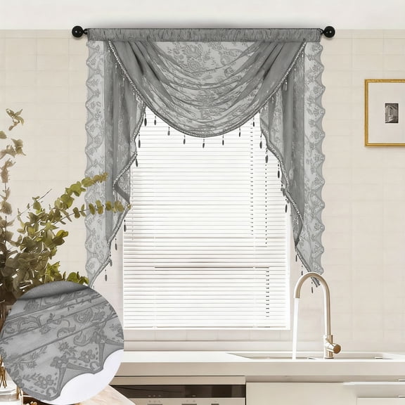 Sheer Lace Waterfall Window Valance with Bead Tassels Floral Embroidered Valance Curtains Semi Sheer Rod Pocket Valance/Swags for Bedroom/Living Room/Kitchen/Basement