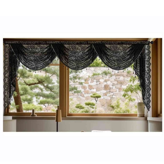 Sheer Lace Waterfall Window Valance with Bead Tassels Floral Embroidered Valance Curtains Semi Sheer Rod Pocket Valance/Swags for Bedroom/Living Room/Kitchen/Basement