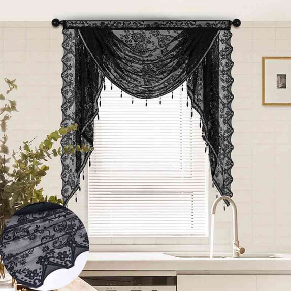 Sheer Lace Waterfall Window Valance with Bead Tassels Floral Embroidered Valance Curtains Semi Sheer Rod Pocket Valance/Swags for Bedroom/Living Room/Kitchen/Basement