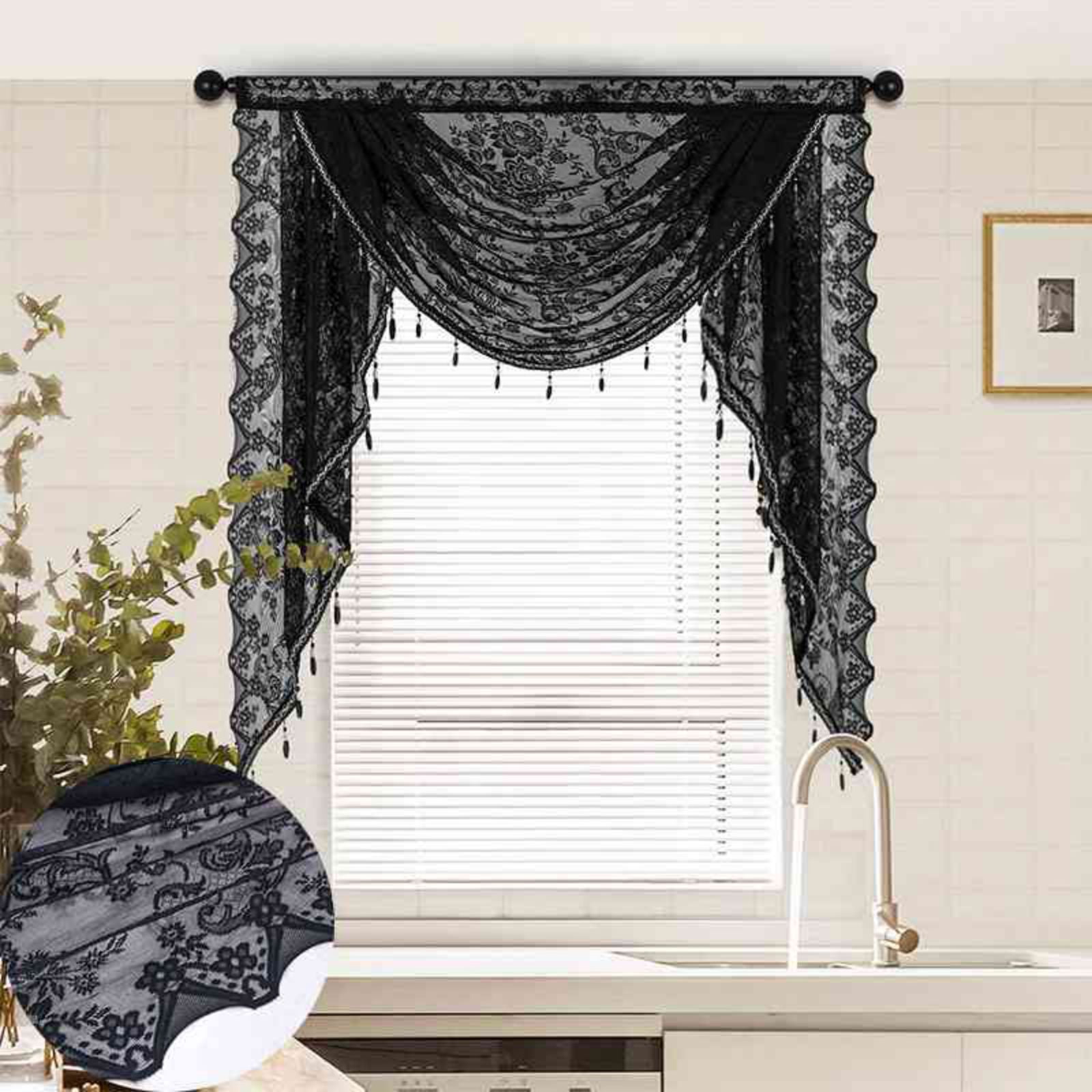 Sheer Lace Waterfall Window Valance with Bead Tassels Floral Embroidered Valance Curtains Semi Sheer Rod Pocket Valance/Swags for Bedroom/Living Room/Kitchen/Basement