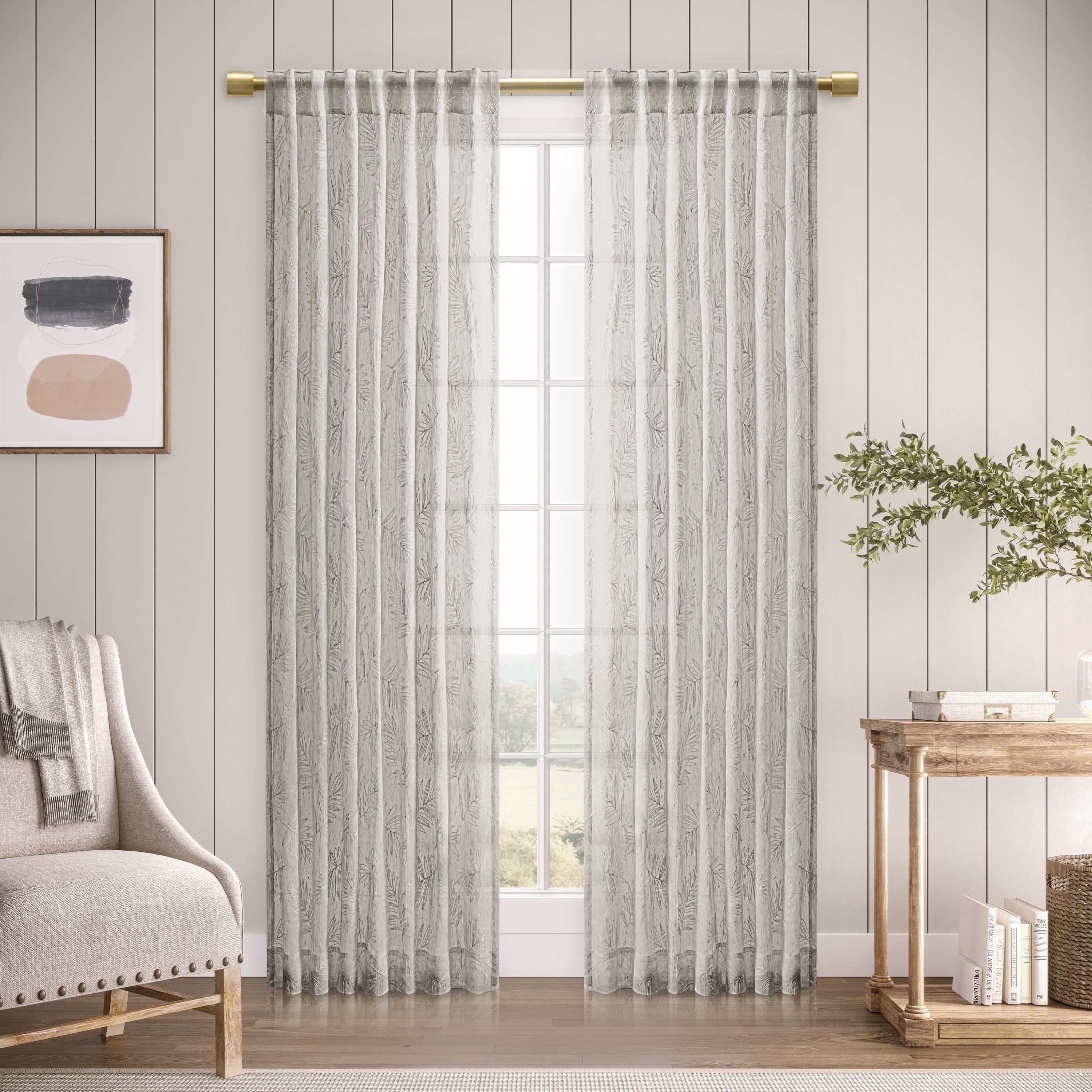Gray 63" Polyester Sheer Rod Pocket Back Tab Pleated Curtain Panel