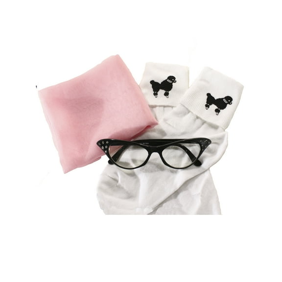 Sheer Light Pink Chiffon Scarf, Cat Eye Glasses & Poodle Socks - 50s Accessory Set